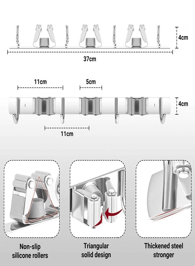 Livzing Mop Holder Stainless Steel - Wall Mount Broom Holder - Multipurpose Tool Organizer for Home, Garage, Kitchen and Storage room - Broomstick Hanger- Mop Holder for Wall (3 Slot-4 Hooks) - Image 3